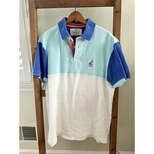 Vintage 90s Nautica Polo Shirt Mens Size L Aqua Blue Color Block Sea Voyage Sail